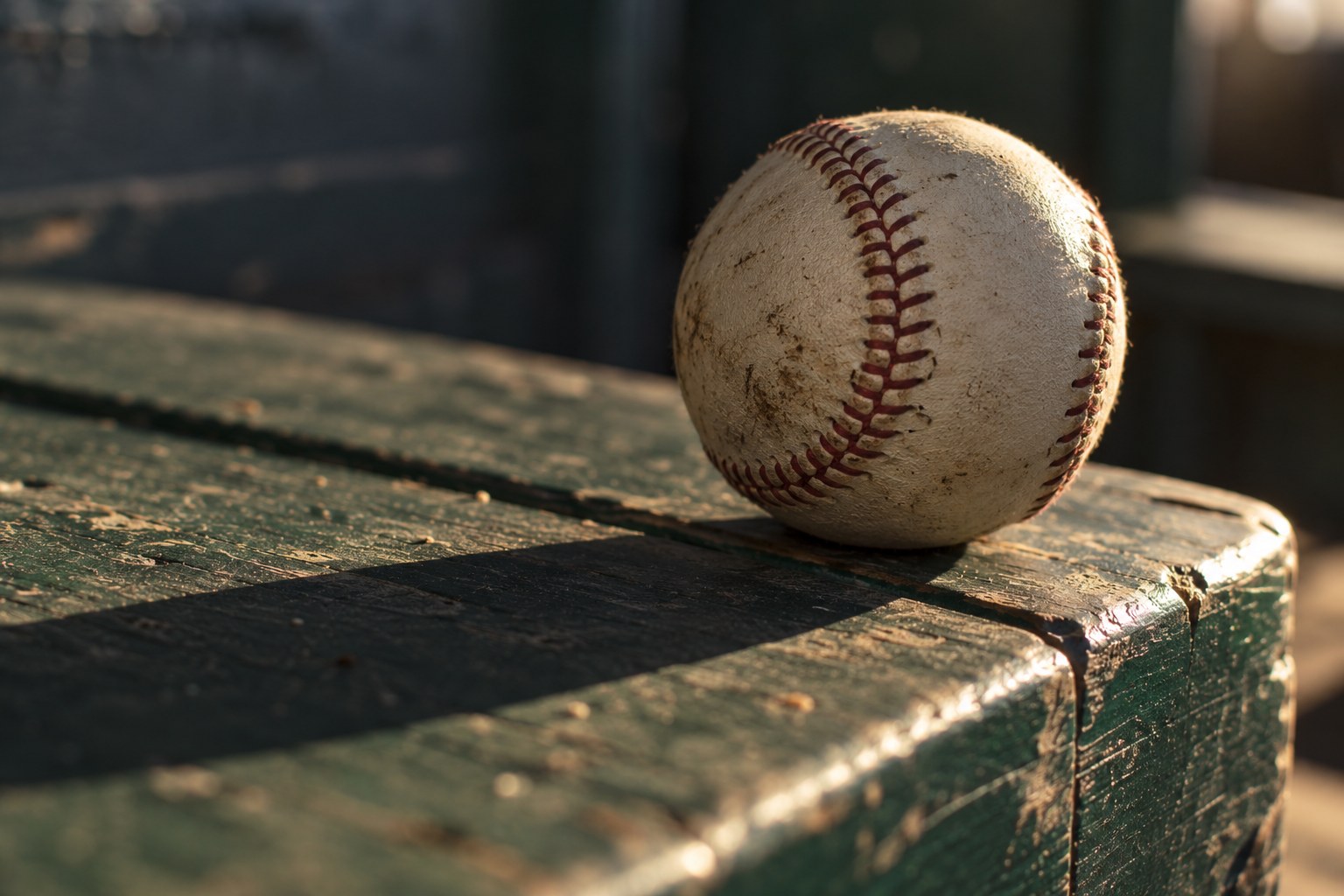 A worn baseball on a dugout bench, an illustration of preparation